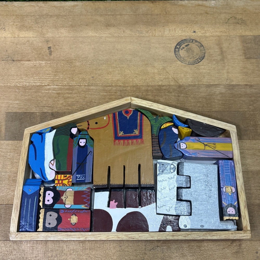 Vintage 1960s Wooden Nativity Puzzle Complete Christmas Manger Set